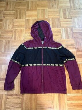 Y2K PINK Victoria's Secret Burgundy and Black Mesh Hooded Windbreaker XS/S